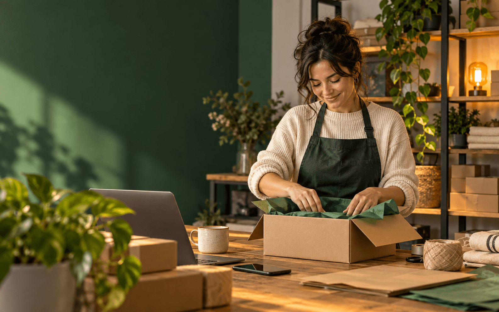Una emprendedora prepara un pedido en su espacio de trabajo